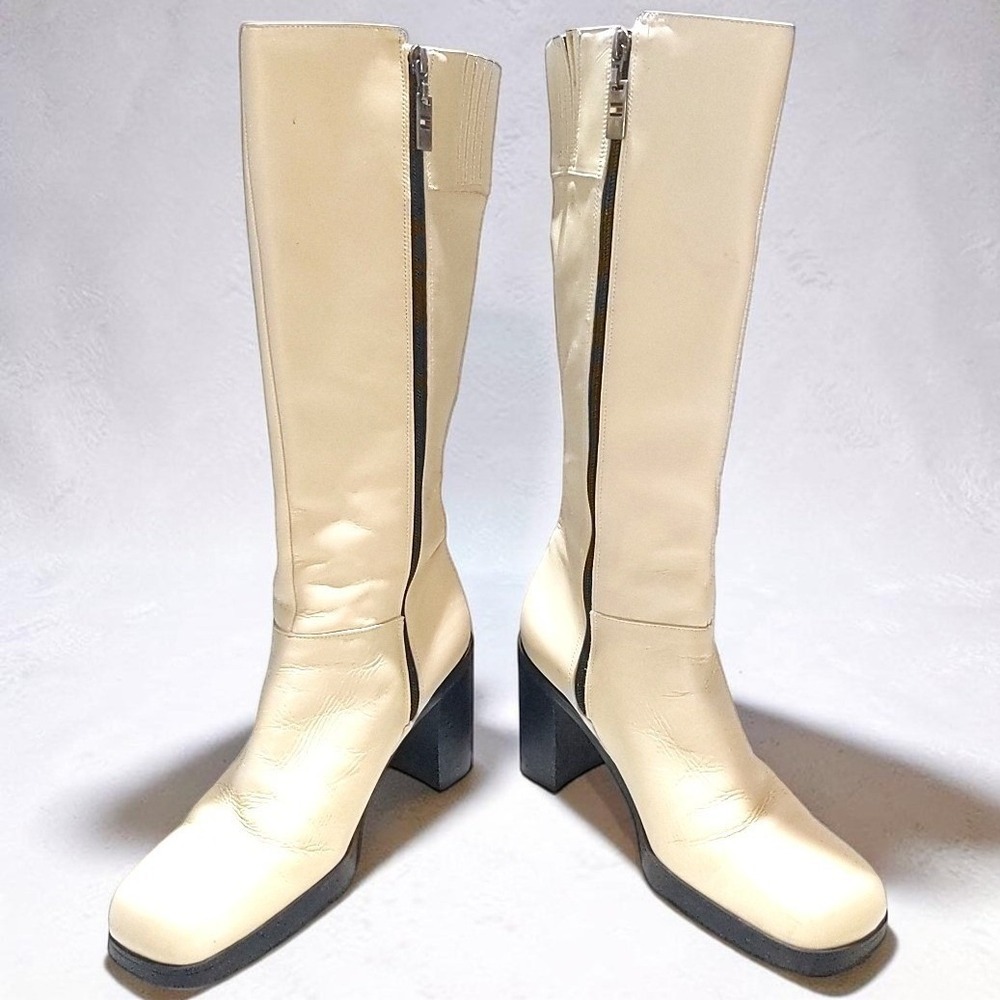 VTG Tommy Hilfiger Cream Leather Square Toe Chunky Heel Boots 8.5 Wom Y2K W32158